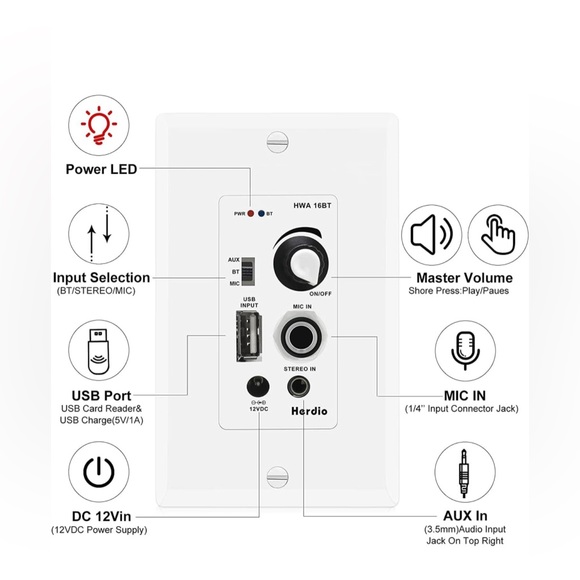 Herdio in Wall Audio Control Amplifier Receiver Sound Systems Home Theater - Picture 2 of 8